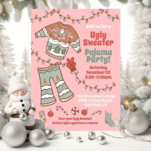 Groovy Christmas Hippie Ugly Sweater Pajama Party Einladung