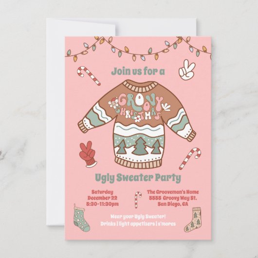 Groovy Christmas Hippie Ugly Sweater Party Einladung (Vorderseite)