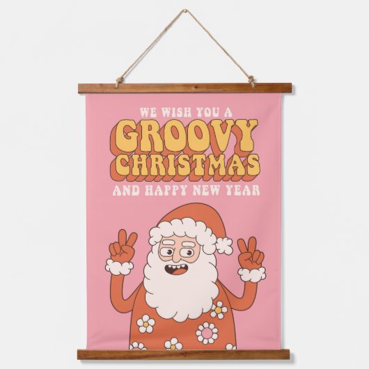 Groovy Christmas Merry Santa Funny Retro Hippie Wandteppich Mit Holzrahmen (Vorderseite)