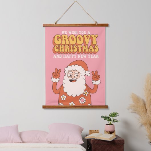 Groovy Christmas Merry Santa Funny Retro Hippie Wandteppich Mit Holzrahmen (Schlafzimmer)