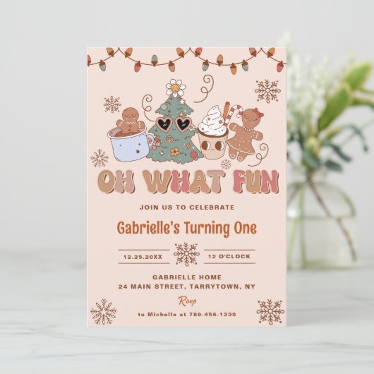 Groovy Christmas Oh What Fun Birthday Party Einladung (Stehend Vorderseite)