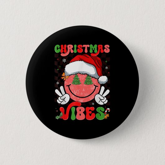 Groovy Christmas Vibes Smile Face Santa Hat Xmas M Button (Vorderseite)