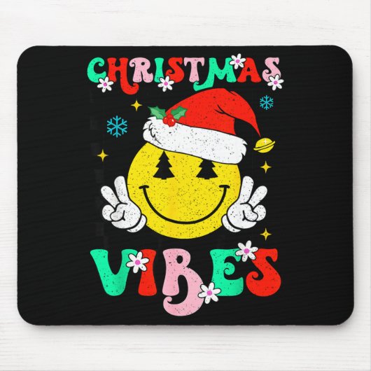 Groovy Christmas Vibes Smile Face Santa Hat Xmas T Mousepad (Vorne)