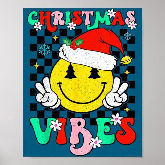 Groovy Christmas Vibes Smile Face Santa Hat Xmas T Poster (Vorne)