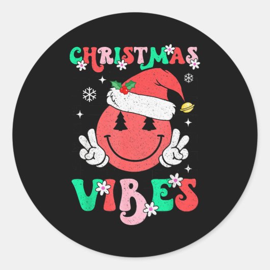 Groovy Christmas Vibes Smile Face Santa Hat Xmas T Runder Aufkleber (Vorderseite)