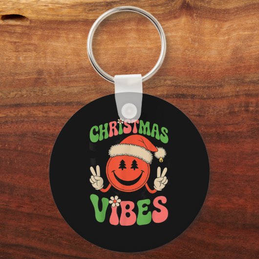 Groovy Christmas Vibes Smile Face Santa Hat Xmas T Schlüsselanhänger (Vorderseite)