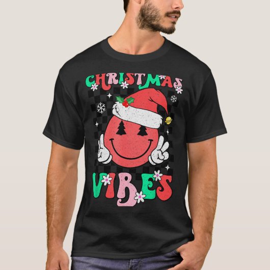 Groovy Christmas Vibes Smile Face Santa Hat Xmas T T-Shirt (Vorderseite)