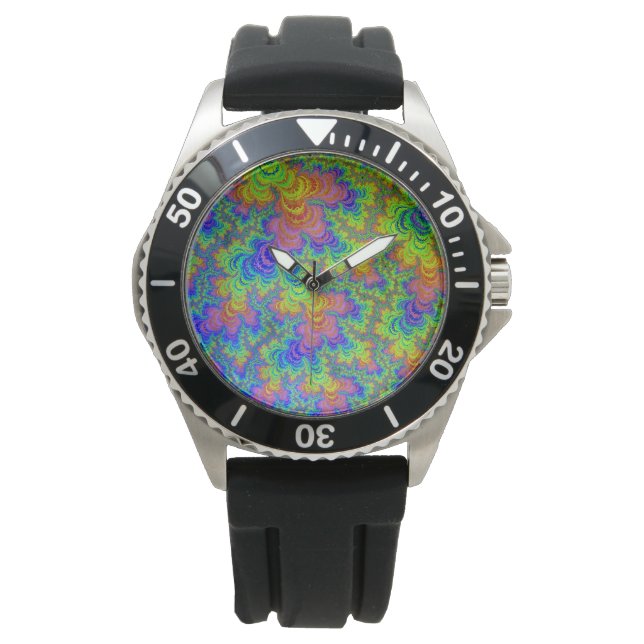 Groovy Colorful Boho Hippie Trippy Rainbow Fraktal Armbanduhr (Vorderseite)