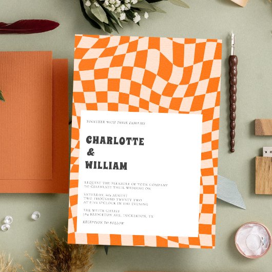 Groovy Colorful Checkered Unique Retro Hochzeit Einladung