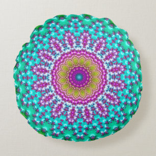 Groovy Colorful Jewel Tone Boho Fraktal Mandala Rundes Kissen