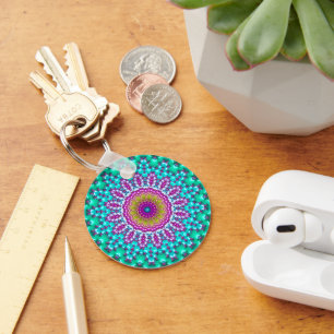 Groovy Colorful Jewel Tone Boho Fraktal Mandala Schlüsselanhänger