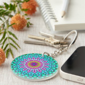 Groovy Colorful Jewel Tone Boho Fraktal Mandala Schlüsselanhänger (Vorderseite rechts)