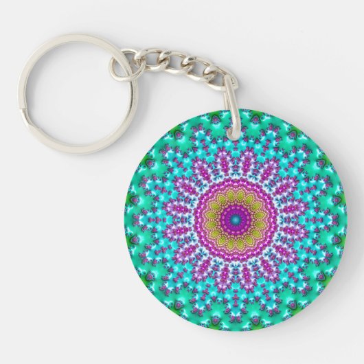 Groovy Colorful Jewel Tone Boho Fraktal Mandala Schlüsselanhänger (Vorderseite)