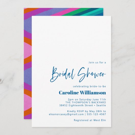 Groovy Colorful Lines Einzigartiges Retro Brautpar Einladung (Vorne/Hinten)