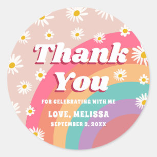 Groovy Colorful Rainbow & Daisy Birthday Vielen Da Runder Aufkleber