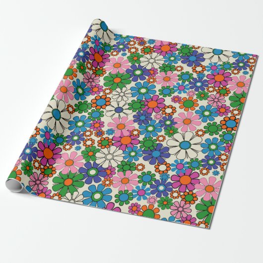 Groovy Colorful Retro 60er 70er Floral Pattern Geschenkpapier (Ungerollt)