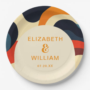 Groovy Colorful Retro Wavy Boho Wedding Pappteller