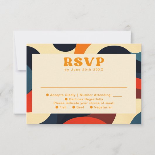 Groovy Colorful Retro Wavy Boho Wedding RSVP Karte (Vorderseite)
