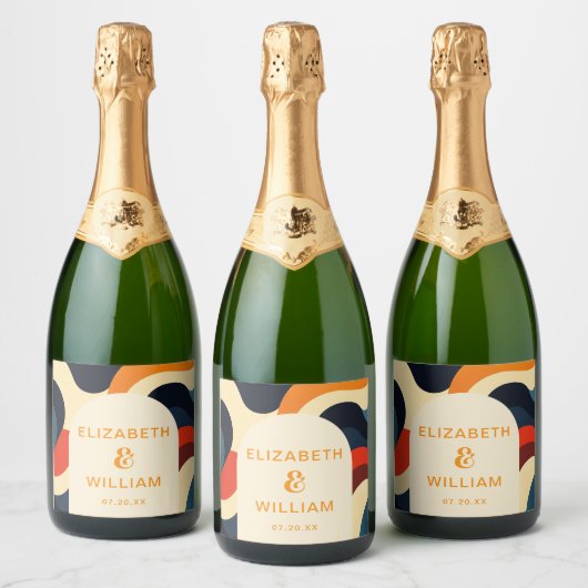 Groovy Colorful Retro Wavy Boho Wedding Schaumweinetikett (Flaschen)