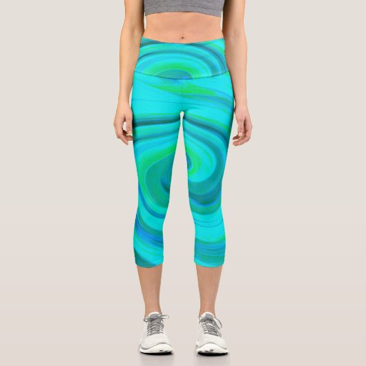Groovy Cooles Abstraktes Aqua Liquid Art Swirl Capri Leggings (Vorderseite)