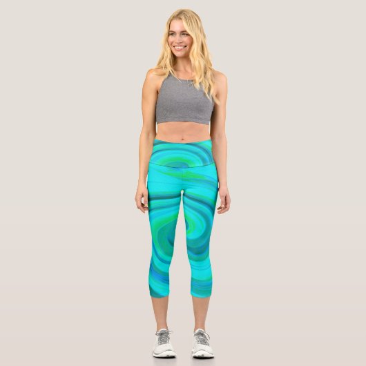 Groovy Cooles Abstraktes Aqua Liquid Art Swirl Capri Leggings (Vorderseite)
