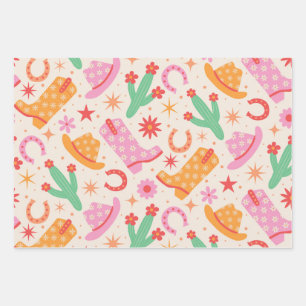 Groovy Cowgirl Stiefel and Hats Muster mit Cactus Geschenkpapier Set