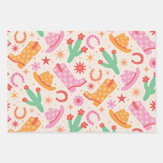 Groovy Cowgirl Stiefel and Hats Muster mit Cactus Geschenkpapier Set (Vorderseite)