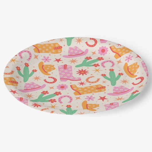 Groovy Cowgirl Stiefel and Hats Muster mit Cactus Pappteller (Schrägansicht)