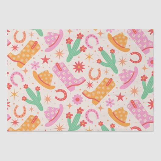 Groovy Cowgirl Stiefel and Hats Muster mit Cactus Seidenpapier (Vorderseite)