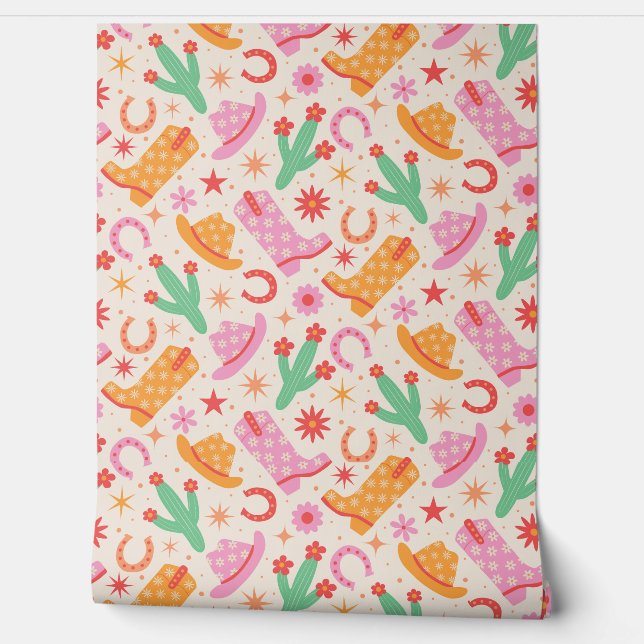 Groovy Cowgirl Stiefel and Hats Muster mit Cactus Tapete (Abrollen)