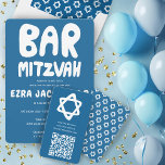 Groovy Custom QR CODE Bar Bat Mitzvah Blue Stars Begleitkarte<br><div class="desc">Perfekte Einschließkarte für eine Mitzvah-Einladung von Bar oder Fledermäusen! Handgemachte Kunst für Sie mit einem Stern von David und Muster auf der Rückseite! Vollständig anpassbar! Klicken Sie auf "Personalisieren" oben, um den Text zu bearbeiten. Klicken Sie auf "Bearbeiten mit dem Design-Tool", um die Schriftart, Farben und Platzierungen anzupassen und das...</div>