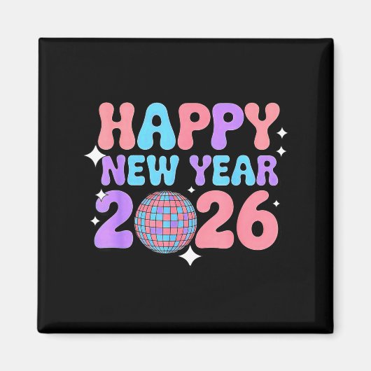 Groovy Cute Happy New Year 2026 Disco Ball  Magnet (Vorne)