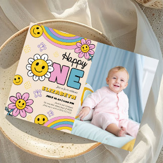 Groovy Daisy Blume Erster Geburtstag Retro Foto Einladung