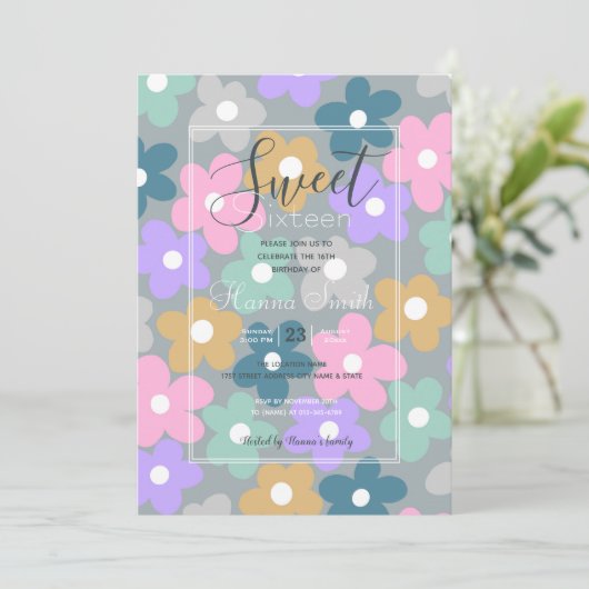 Groovy Daisy Blume Gray Retro Boho Floral Einladung (Stehend Vorderseite)