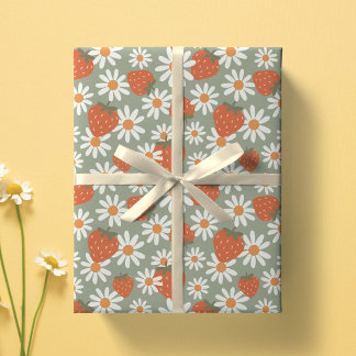 Groovy Daisy Erdbeer Druck Sommer Frühling Salbei Geschenkpapier