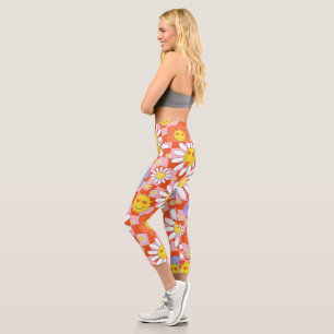 Groovy Daisy Floral Checkerboard, Y2K 90s Capri Leggings