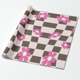 Groovy Daisy Floral Checkerboard, Y2K 90s Geschenkpapier