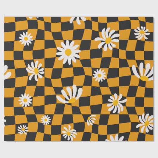 Groovy Daisy Floral Checkerboard, Y2K 90s Geschenkpapier (Flach)