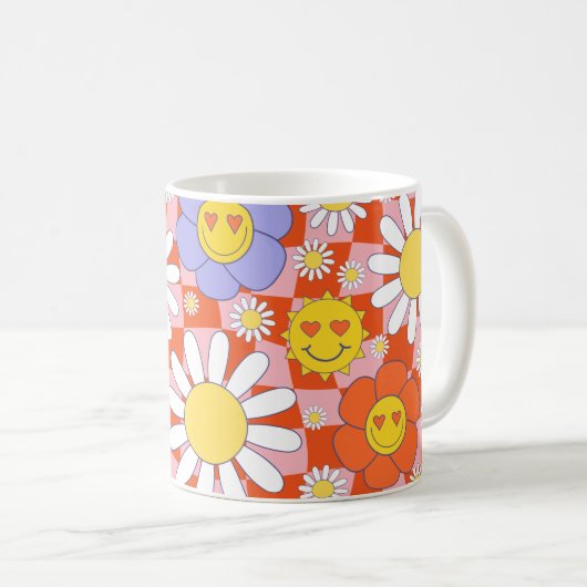 Groovy Daisy Floral Checkerboard, Y2K 90s Kaffeetasse (VorderseiteRechts)