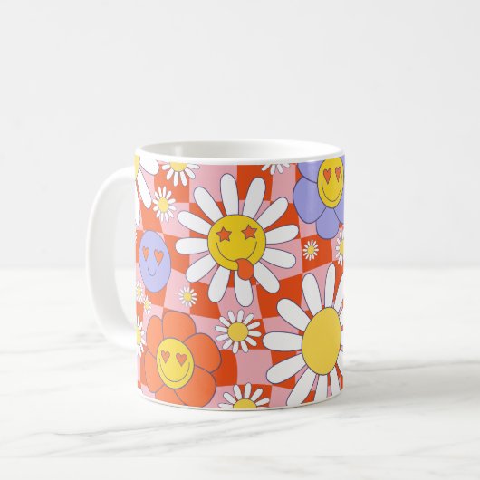 Groovy Daisy Floral Checkerboard, Y2K 90s Kaffeetasse (Vorderseite Links)