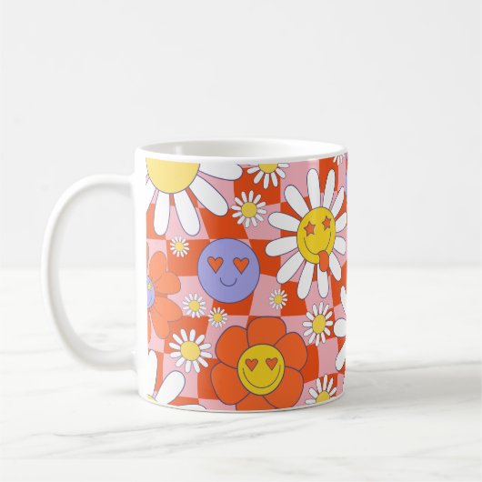Groovy Daisy Floral Checkerboard, Y2K 90s Kaffeetasse (Links)