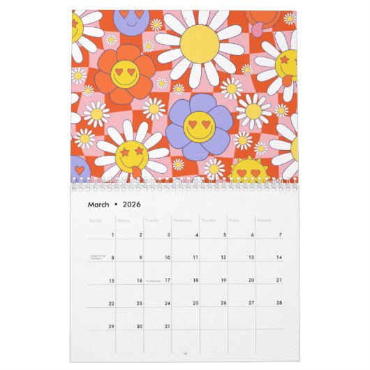 Groovy Daisy Floral Checkerboard, Y2K 90s Kalender (Mär 2026)