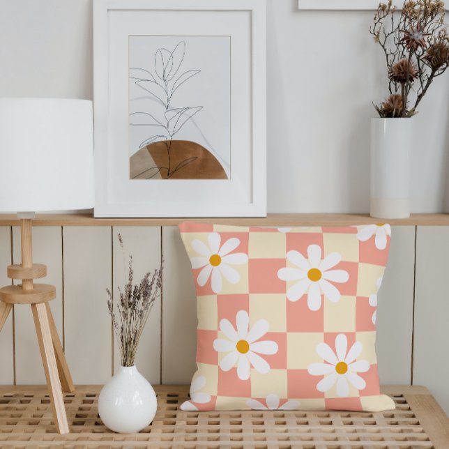 Groovy Daisy Floral Checkerboard, Y2K 90s Kissen (Von Creator hochgeladen)