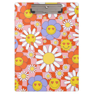 Groovy Daisy Floral Checkerboard, Y2K 90s Klemmbrett