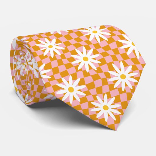 Groovy Daisy Floral Checkerboard, Y2K 90s Krawatte (Gerollt)