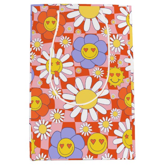 Groovy Daisy Floral Checkerboard, Y2K 90s Mittlere Geschenktüte (Vorderseite)