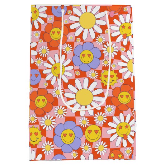 Groovy Daisy Floral Checkerboard, Y2K 90s Mittlere Geschenktüte (Rückseite)