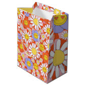 Groovy Daisy Floral Checkerboard, Y2K 90s Mittlere Geschenktüte (Rückseite Schrägansicht)