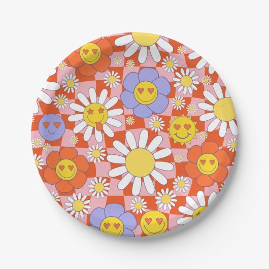 Groovy Daisy Floral Checkerboard, Y2K 90s Pappteller (Vorderseite)