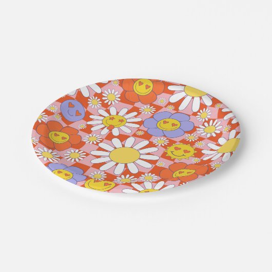 Groovy Daisy Floral Checkerboard, Y2K 90s Pappteller (Schrägansicht)